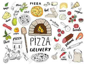 披萨菜单手画草图集披萨准备交付涂鸦面粉食物成分烤箱厨房工具踏板车披萨盒子设计模板向量插图
