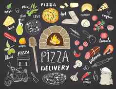 披萨菜单手画草图集披萨准备交付涂鸦面粉食物成分烤箱厨房工具踏板车披萨盒子设计模板向量插图