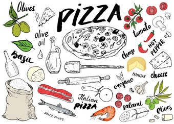 披萨菜单手画草图集披萨准备设计模板奶酪橄榄意大利蒜味腊肠蘑菇西红柿面粉成分向量插图孤立的白色背景