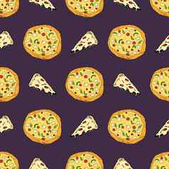 披萨无缝的模式手画草图披萨片涂鸦食物背景向量插图