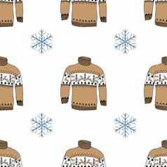 冬天季节涂鸦衣服无缝的模式手画草图元素温暖的雨鹿毛衣袜子手套帽子向量背景插图