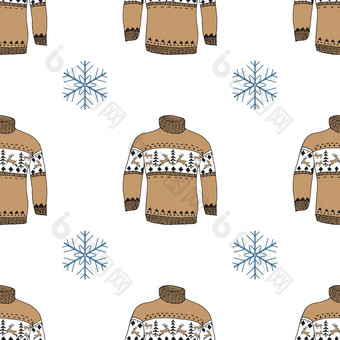 冬天季节<strong>涂鸦</strong>衣服无缝的模式手画草图元素温暖的雨鹿毛衣袜子手套帽子向量背景插图