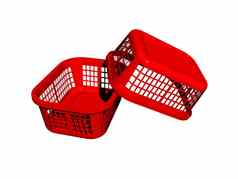 堆放红色的塑料洗衣篮子