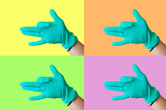 拼贴画彩色的背景医疗主题女手蓝色的乳胶手套使手势类似的狗脸开放口医疗健康概念
