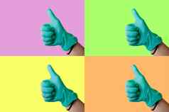 拼贴画彩色的背景医疗主题女手蓝色的乳胶手套使拇指手势医疗健康概念