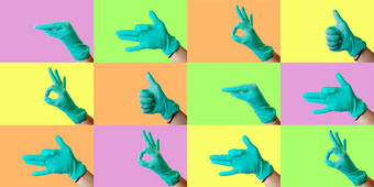 拼贴画彩色的背景医疗主题手手势乳胶蓝色的手套医疗健康概念