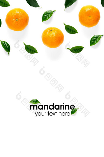 有创意的布局橘子Mandarines未剥皮的去皮成熟的橘子Mandarines柑橘叶子孤立的白色背景