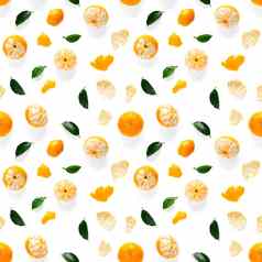 普通话无缝的模式橘子克莱门泰孤立的白色背景绿色叶子集合细无缝的模式