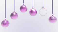 粉红色的圣诞节球白色背景色彩斑斓的圣诞节球圣诞节树圣诞节玻璃金属塑料球集团装饰物挂假期装饰模板渲染插图