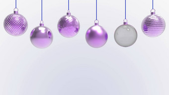 紫罗兰色的圣诞节球<strong>白色</strong>背景色彩斑斓的圣诞节球圣诞节树圣诞节玻璃金属塑料球集团装饰物挂假期装饰模板渲染插图
