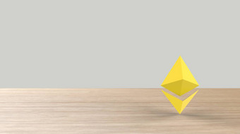 黄色的ethereum黄金标志图标木表格白色背景渲染孤立的插图cryptocurrency加密业务管理风险钱现金增长银行银行金融象征