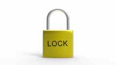 垫锁金黄色的金属挂锁词锁金属白色背景在线安全隐私条件个人渲染孤立的插图