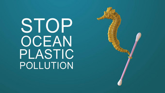 渲染雕刻一边视图常见的黄色的海马拭子停止海洋塑料污染组成白色塑料浪费袋瓶蓝色的背景塑料问题
