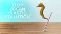 停止海洋塑料污染渲染雕刻一边视图常见的黄色的海马拭子组成白色塑料浪费袋瓶木表格蓝色的背景塑料问题