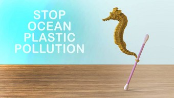 停止<strong>海洋</strong>塑料污染渲染雕刻一边视图常见的黄色的海马拭子组成白色塑料浪费袋<strong>瓶</strong>木表格蓝色的背景塑料问题