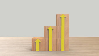 木块叠加楼梯<strong>黄色</strong>的<strong>箭头</strong>梯职业生涯路径概念业务增长成功过程木木表格光灰色的背景渲染插图