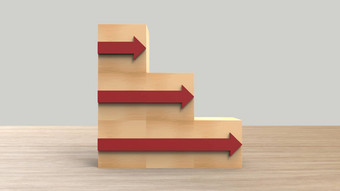 木块叠加左楼梯红色的箭头梯职业生涯路径概念业务增长成功过程木木表格光灰色的背景渲染插图