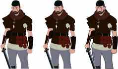 战士武装剑维京人皮革护甲白色背景Copyspace文本拉普角色玩战斗中世纪的战争战场上插图
