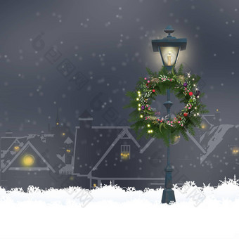 圣诞节冬天晚上城市公园<strong>发光</strong>的街<strong>灯笼</strong>雪片