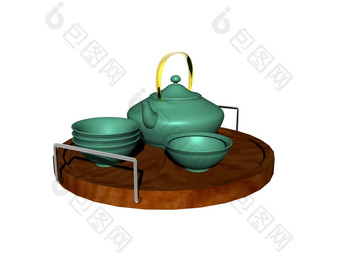 木托盘绿色茶具