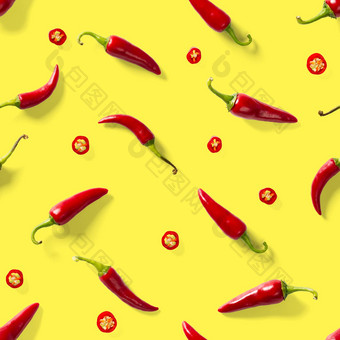 无缝的模式使红色的辣椒辣椒黄色的背景最小的食物模式红色的热辣椒无缝的辣椒模式食物背景