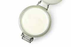 玻璃Jar酸奶油酸奶孤立的白色背景