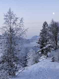 晚上月光山雪湖泊挪威
