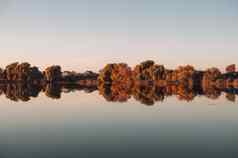 橙色日落背景河9月收获季节反射水树美丽的秋天景观秋天颜色反映了平静水域
