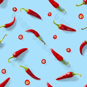 无缝的模式使红色的辣椒辣椒蓝色的背景最小的食物模式红色的热辣椒无缝的辣椒模式食物背景