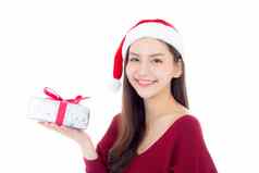 快乐亚洲女人微笑持有礼物盒子圣诞节现在