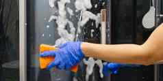 清洁淋浴蒸汽小屋钙存款清洁浴室手手套破布洗涤剂洗淋浴玻璃