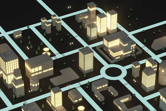 市中心建筑晚上模拟城市呈现