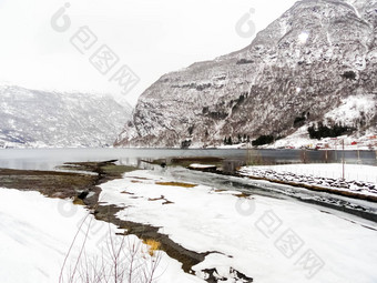 冬天景观峡湾湖河弗拉姆峡湾挪威