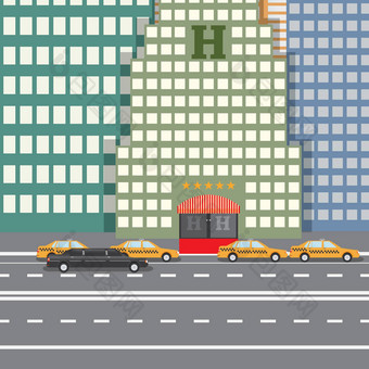 平设计向量插图概念城市酒店停出租车豪华轿车西蒂斯卡普