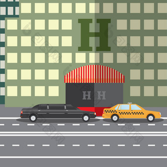 平设计向量插图概念城市酒店停出租车豪华轿车西蒂斯卡普