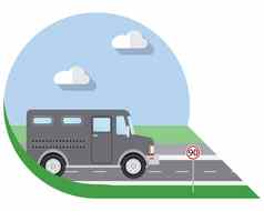 平设计向量插图城市运输银行装甲卡车一边视图图标