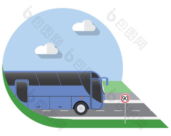 平设计向量插图城市运输公共汽车城际长距离旅游教练公共汽车一边视图图标