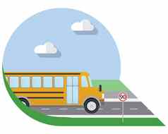 平设计向量插图城市运输学校公共汽车一边视图图标