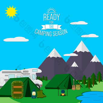 城市山森林湖景观平向量插图概念假期假期野营徒步旅行户外冒险娱乐的地方帐篷筏