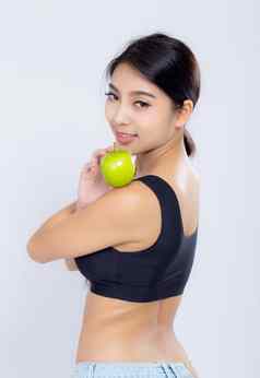 肖像亚洲女人微笑持有绿色苹果水果漂亮的东西或人