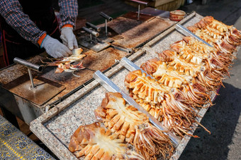 烧烤章鱼街食物明洞首尔南韩国