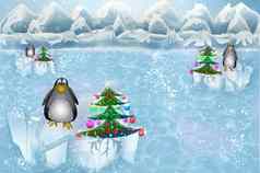企鹅圣诞节树冰浮冰海
