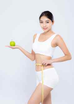 美丽的亚洲女人饮食苗条的测量腰魏