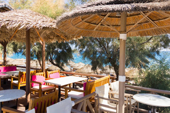 餐厅阳台前面海滩Kamari岛