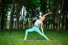 年轻的体育女孩实践瑜伽辞职绿色夏天森林瑜伽阿三的姿势冥想团结自然