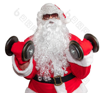 圣诞老人老人工作哑铃二头肌卷发圣诞老人推硬圣诞老人穿太阳镜长白色胡子孤立的白色背景