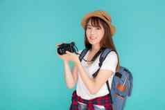 美丽的年轻的亚洲女人快乐的享受旅行旅行数目