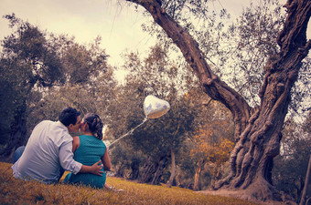 夫妇爱<strong>坐</strong>着公园心形的<strong>气球</strong>