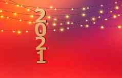 快乐一年庆祝活动木数字一年的帽红色的背景发光的加兰假期装饰明信片概念前视图复制空间