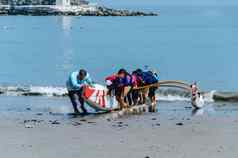 集团孩子们皮划艇运动员拉船海岸夏天一天
